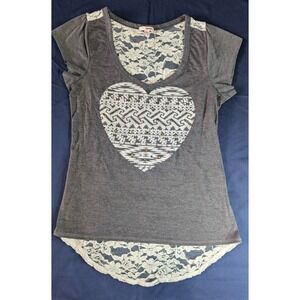Bongo Gray T-Shirt Lace Back Heart Aztec Studded‎ Top Large L Women's